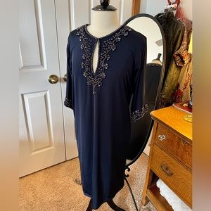 Mikael Aghal Navy Blue fully lined stretch dress with navy blue stones.